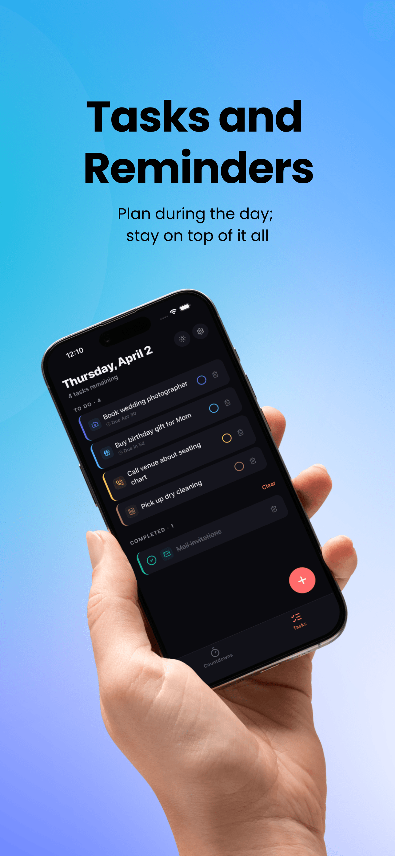 Tally tasks and reminders shown in dark mode