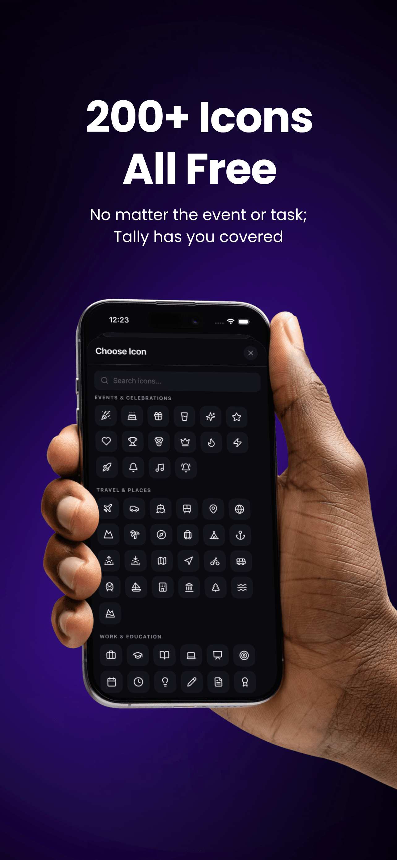 Tally icon selection shown in dark mode