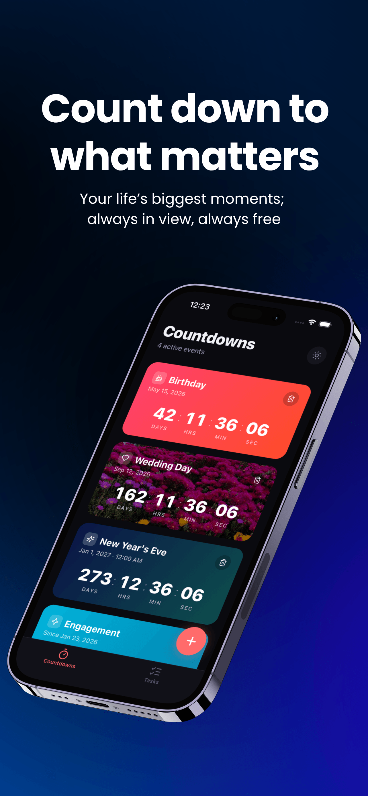 Tally app showing colorful event countdowns on an iPhone